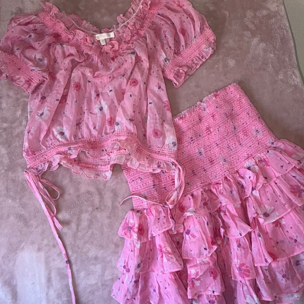 LoveShackFancy Pink Floral Ruffle Mini Skirt Smocked Waist Tiered Boho Womens S - Picture 4 of 4